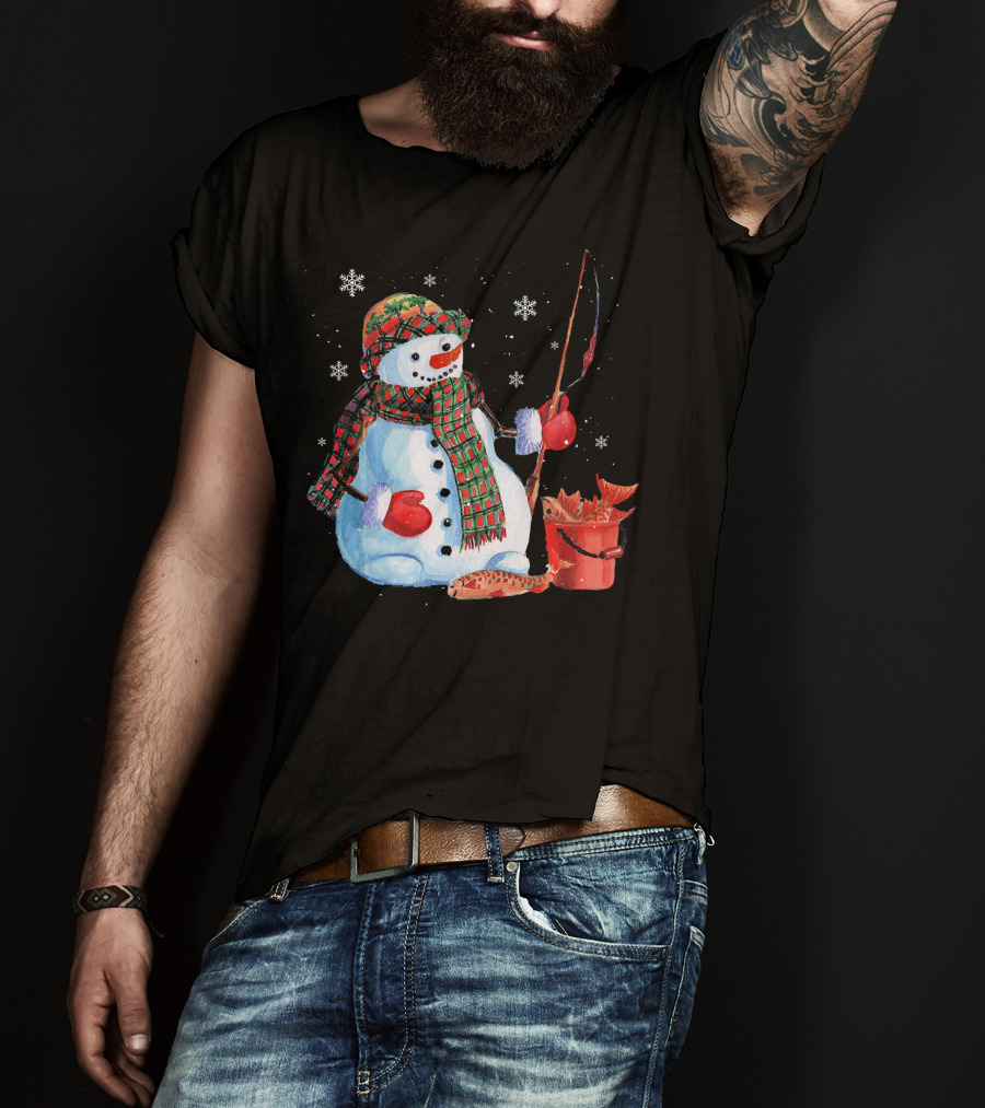 Merry Christmas Snowman Fishing With Fish And Snowflakes T-Shirt