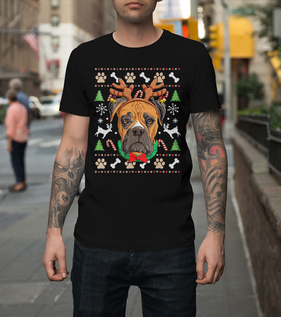Boxer Ugly Christmas Reindeer Antlers Candy Canes Snowflakes Green Trees T-Shirt