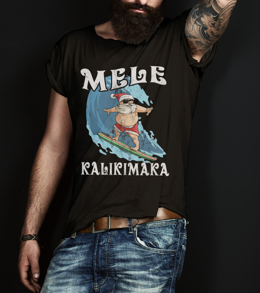 Mele Kalikimaka Funny Santa Surfing Wave T-Shirt