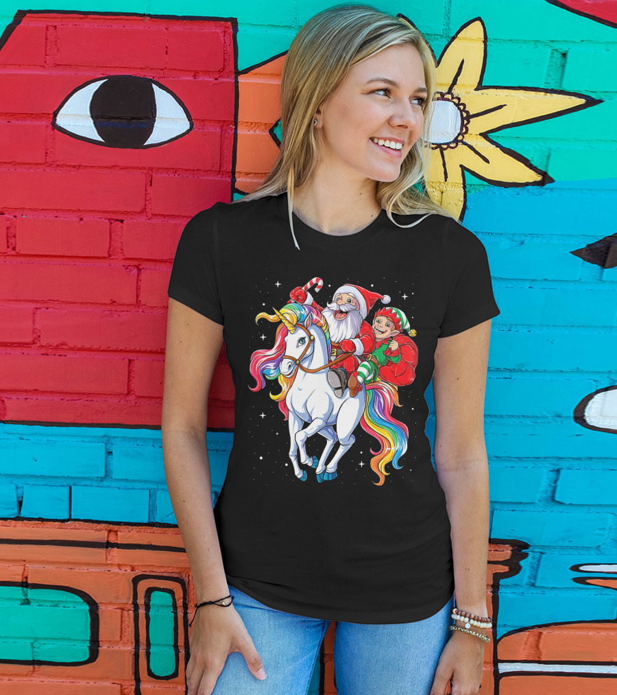 Santa And Elf Riding Rainbow Unicorn Christmas Magic T-Shirt