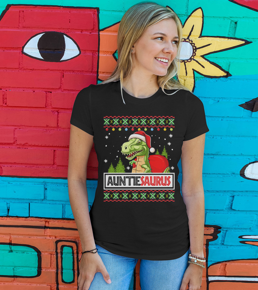 Auntiesaurus Funny Auntie Dinosaur Christmas Sweater T-Rex Santa Hat T-Shirt