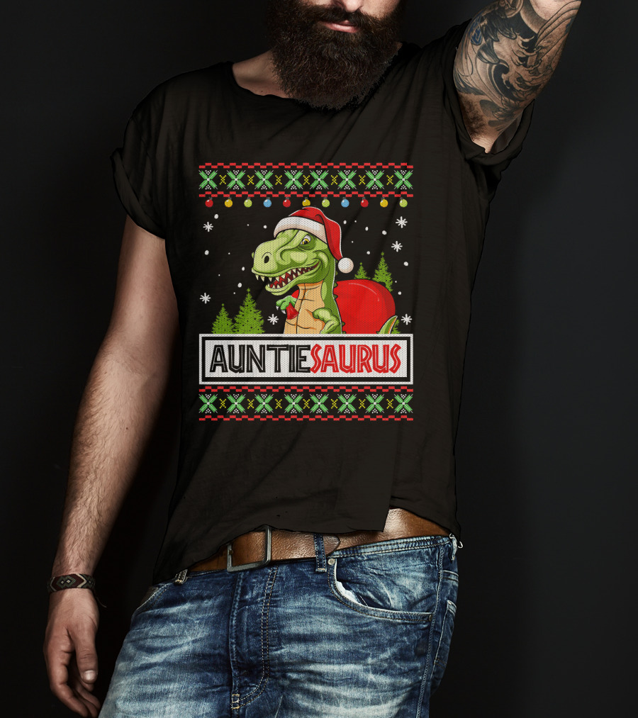 Auntiesaurus Funny Auntie Dinosaur Christmas Sweater T-Rex Santa Hat T-Shirt