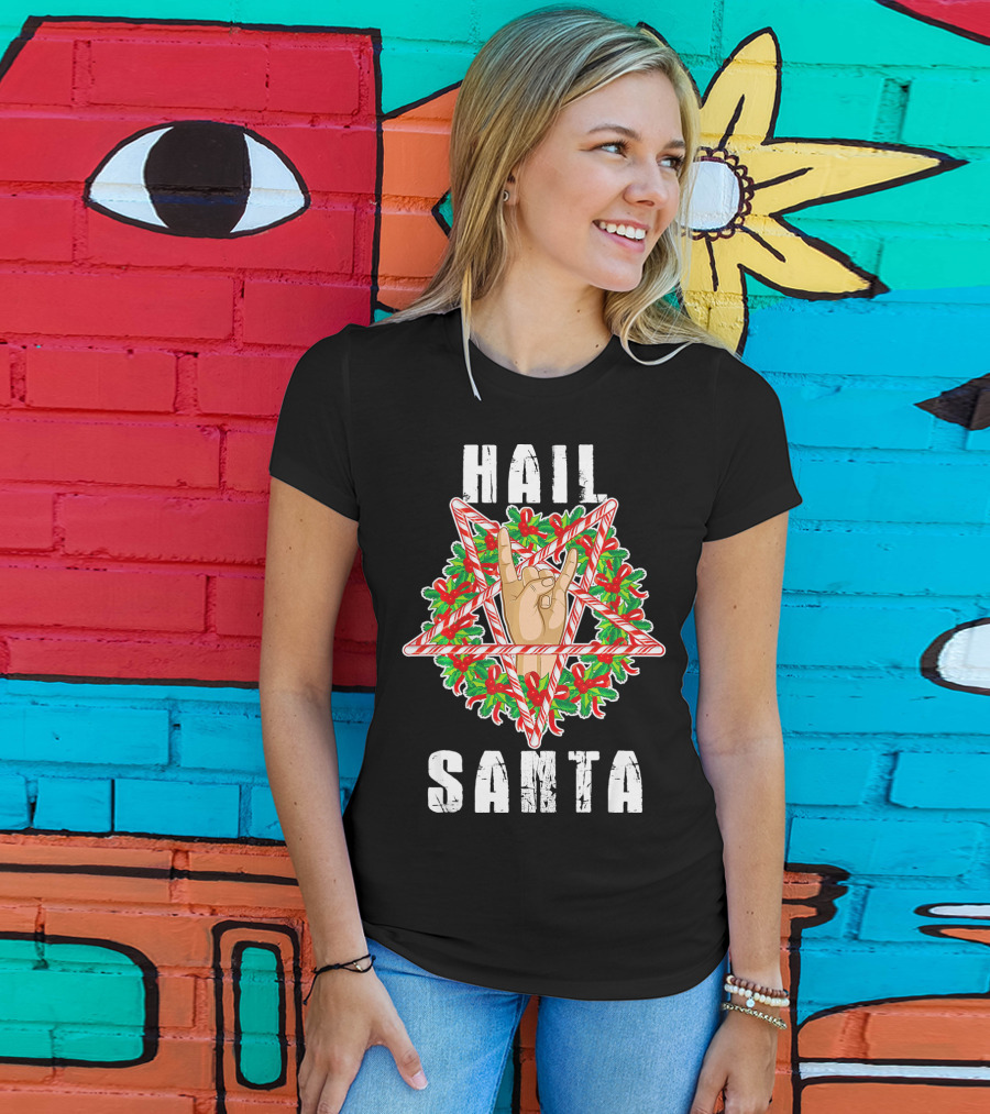 Hail Santa Candy Cane Wreath Hand Sign T-Shirt