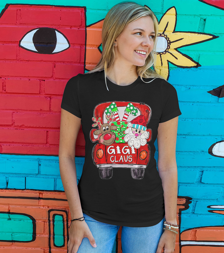 GiGi Claus Christmas Red Truck Reindeer With Gifts And Candy Canes T-Shirt