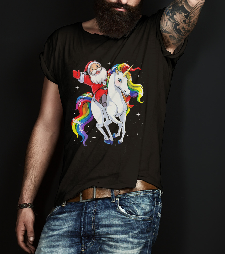 Santa Riding Magical Rainbow Unicorn T-Shirt
