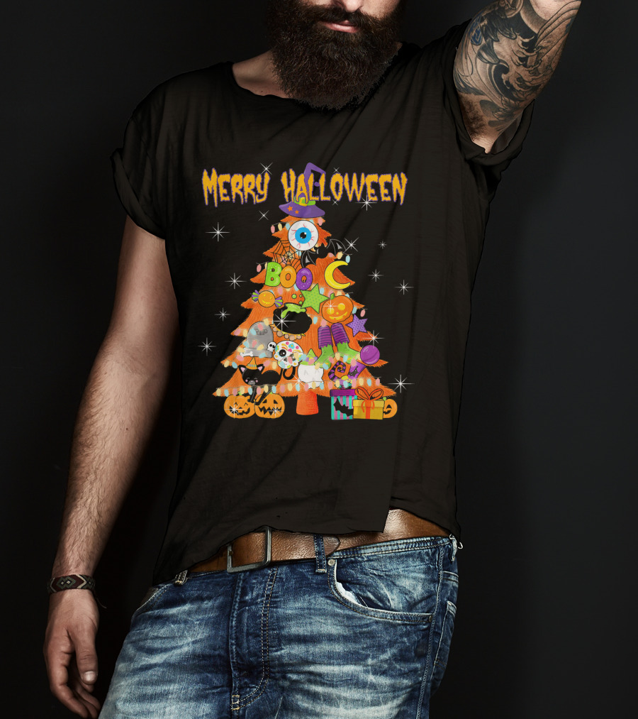 Merry Halloween Tree With Cute Boo Decorations And Spooky Elements T-Shirt
