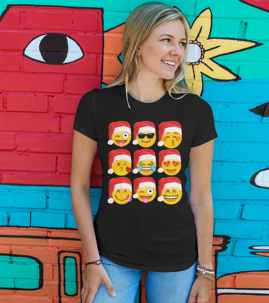 Emoji Christmas Santa Hats Heart Eyes Kiss Faces T-Shirt