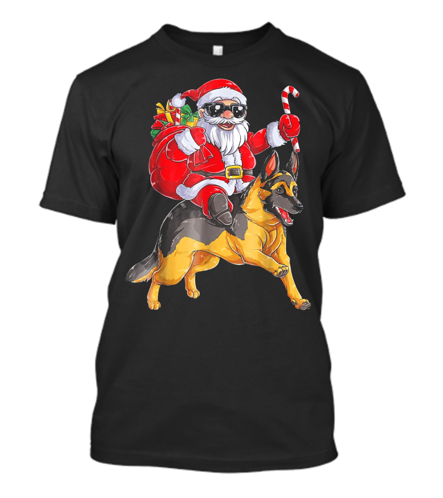 Santa Claus Riding German Shepherd With Candy Cane And Gifts T-Shirt