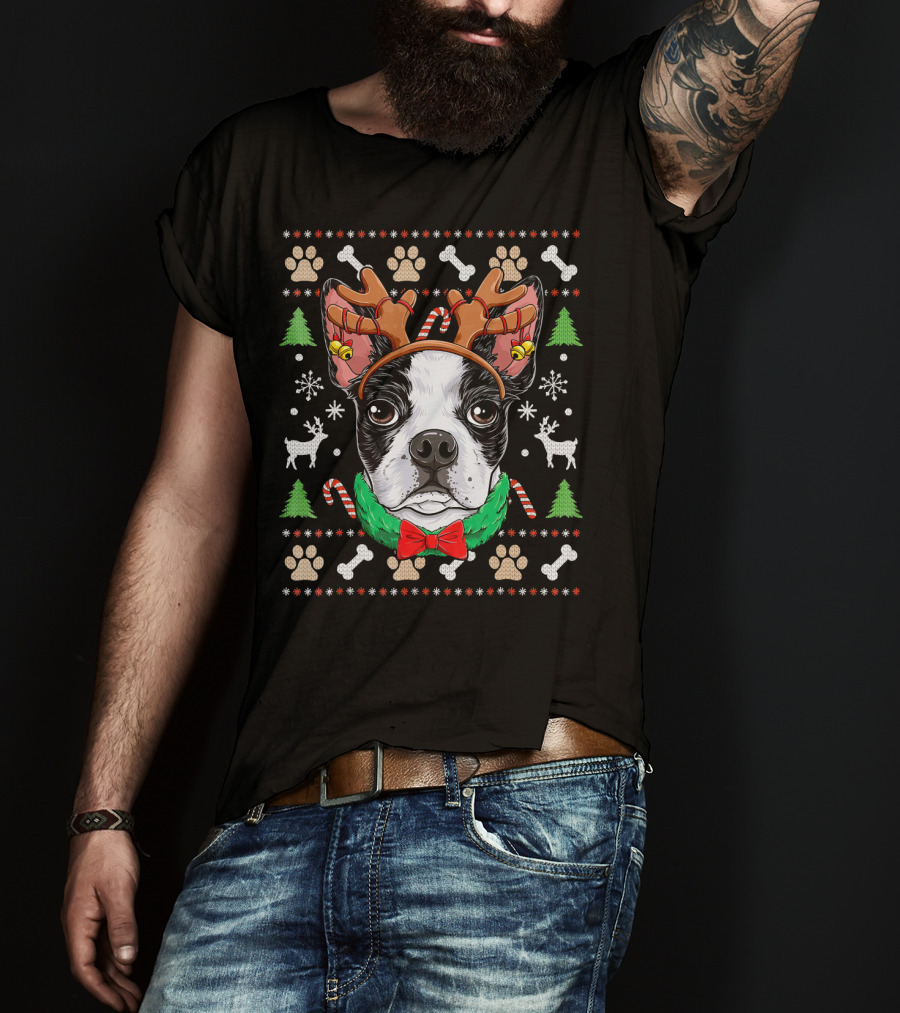 Boston Terrier Christmas Reindeer Antlers Candy Canes Snowflakes Paw Prints T-Shirt