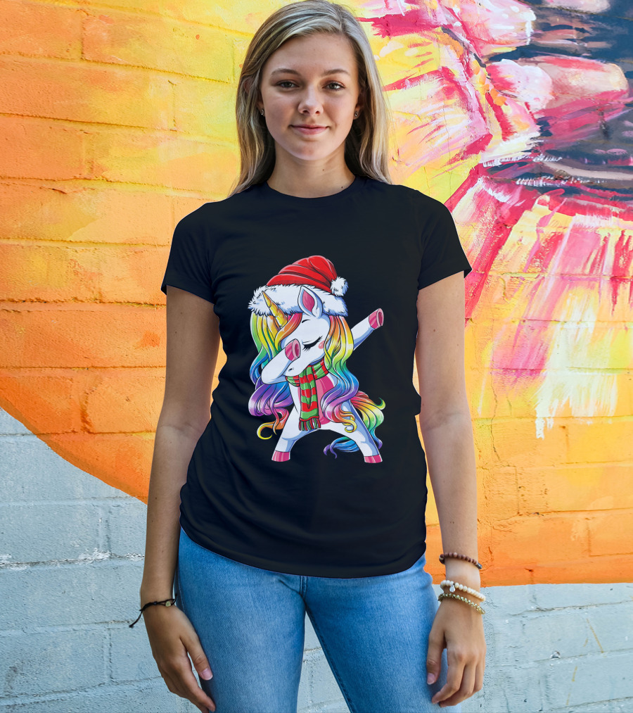 Dabbing Unicorn In Santa Hat With Rainbow Mane And Scarf For Christmas Girls T-Shirt