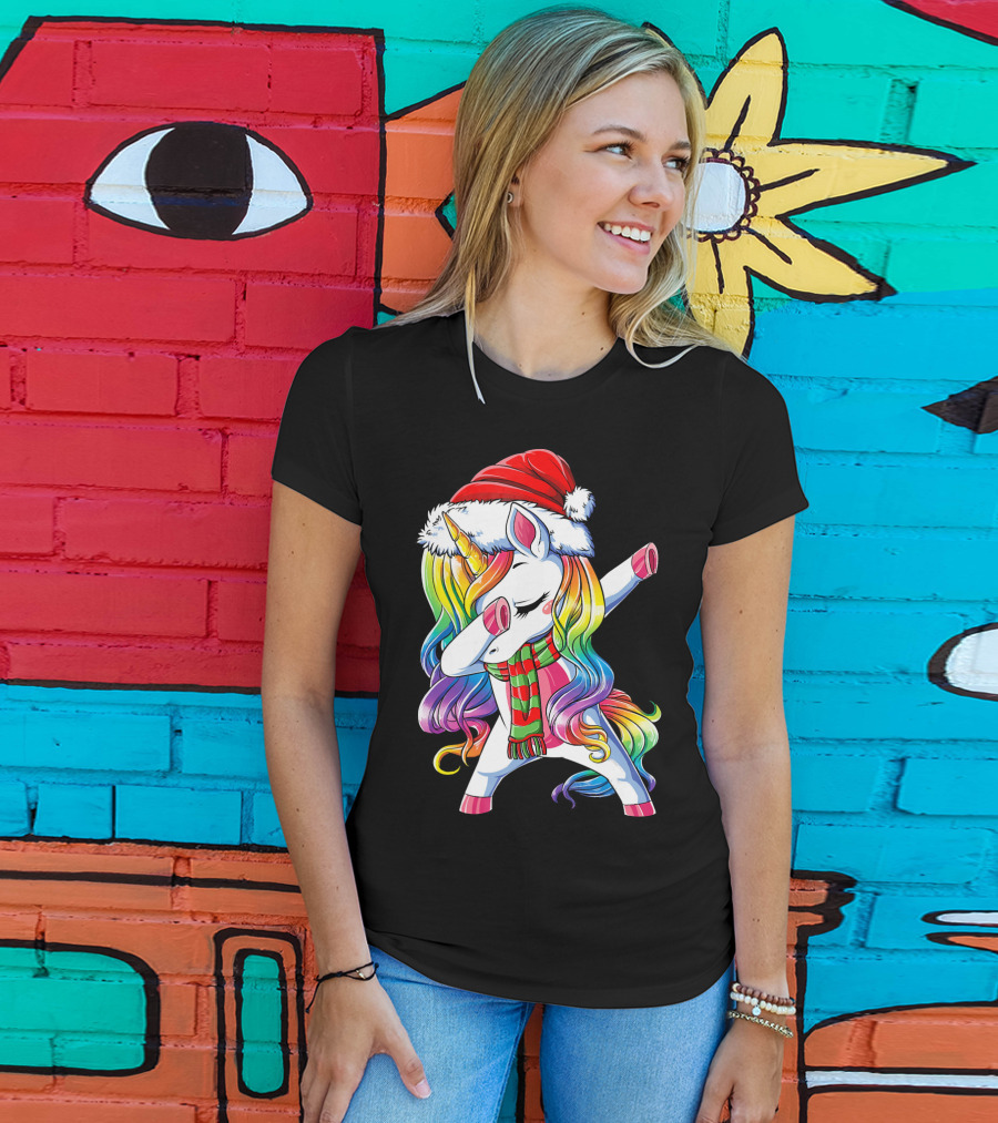 Dabbing Unicorn In Santa Hat With Rainbow Mane And Scarf For Christmas Girls T-Shirt