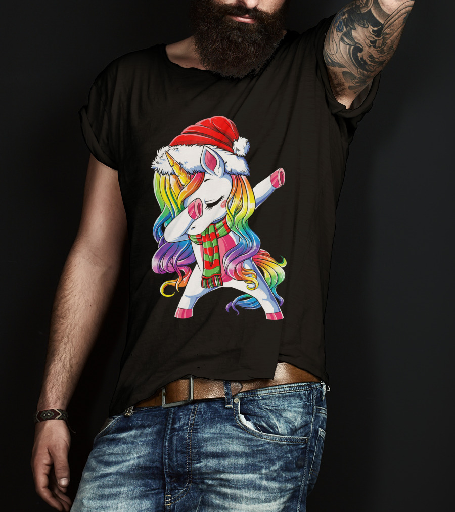 Dabbing Unicorn In Santa Hat With Rainbow Mane And Scarf For Christmas Girls T-Shirt