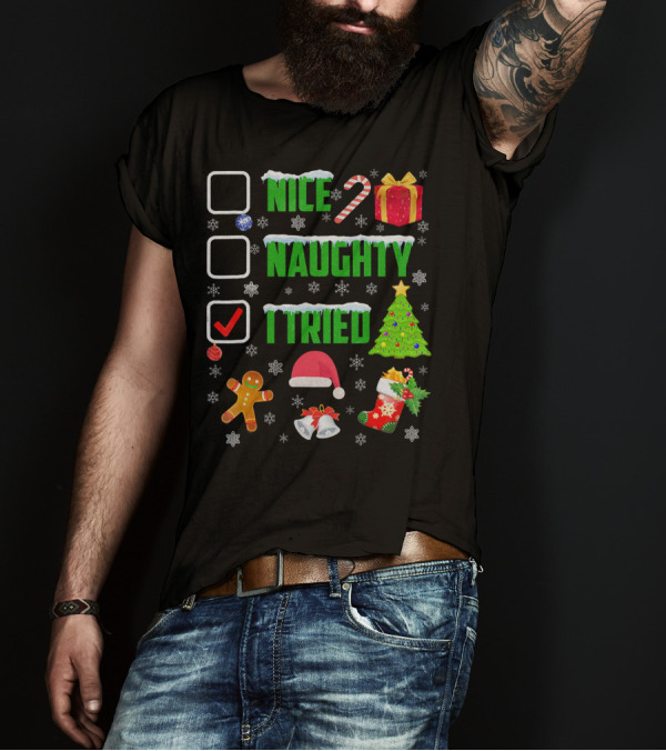 I Tried Nice Naughty Christmas Humor Candy Cane Gingerbread Santa Hat T-Shirt