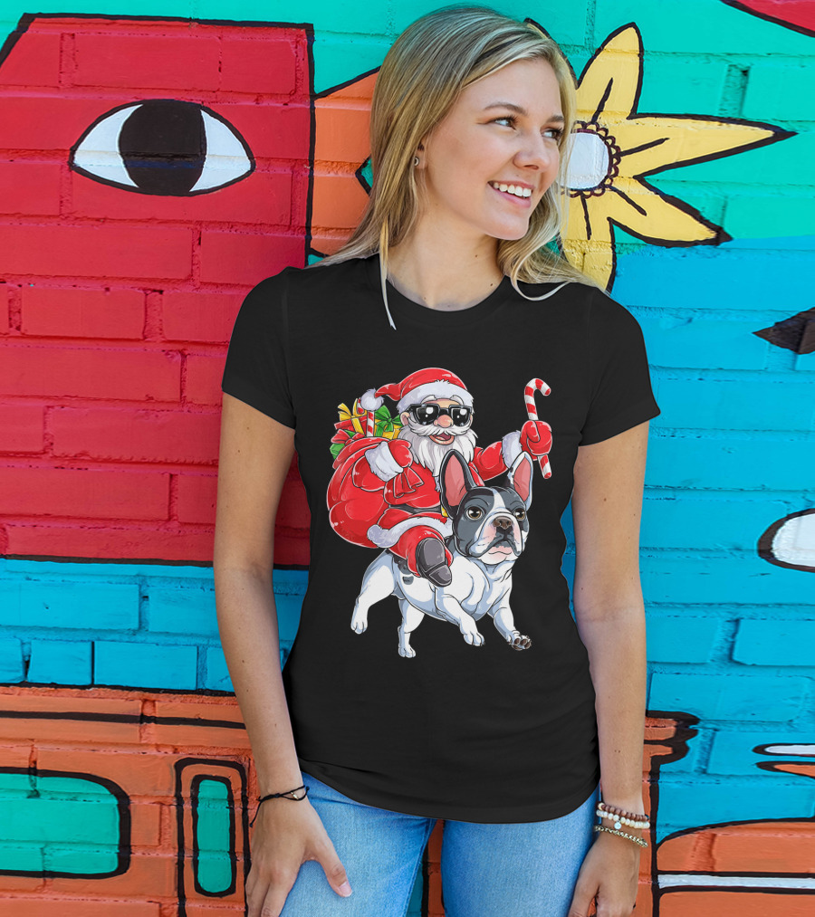French Bulldog Christmas Santa Claus Cane Sleigh T-Shirt