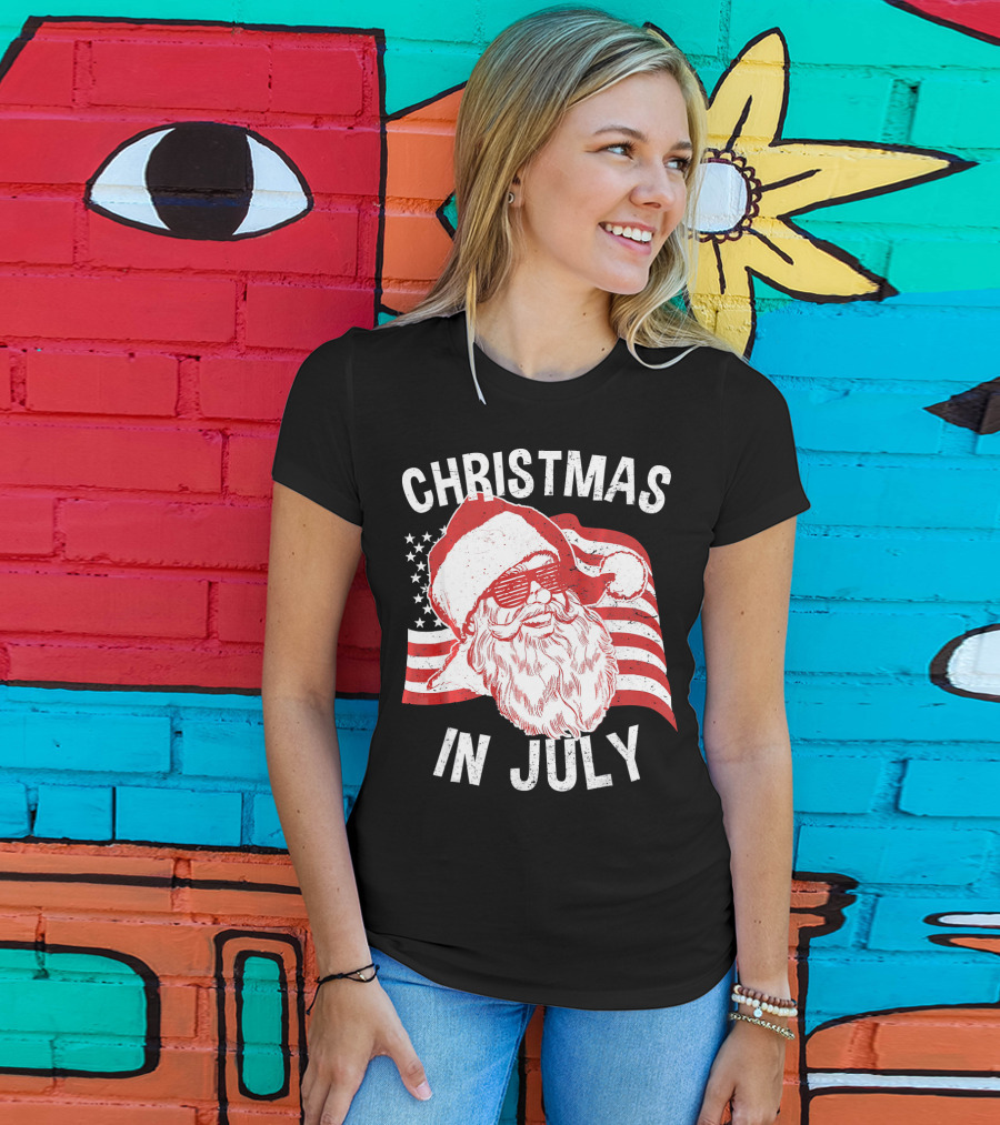 Christmas In July Retro Hipster Santa With American Flag And Shades T-Shirt