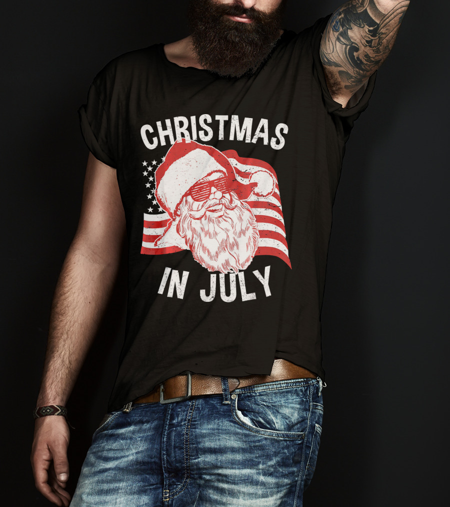 Christmas In July Retro Hipster Santa With American Flag And Shades T-Shirt
