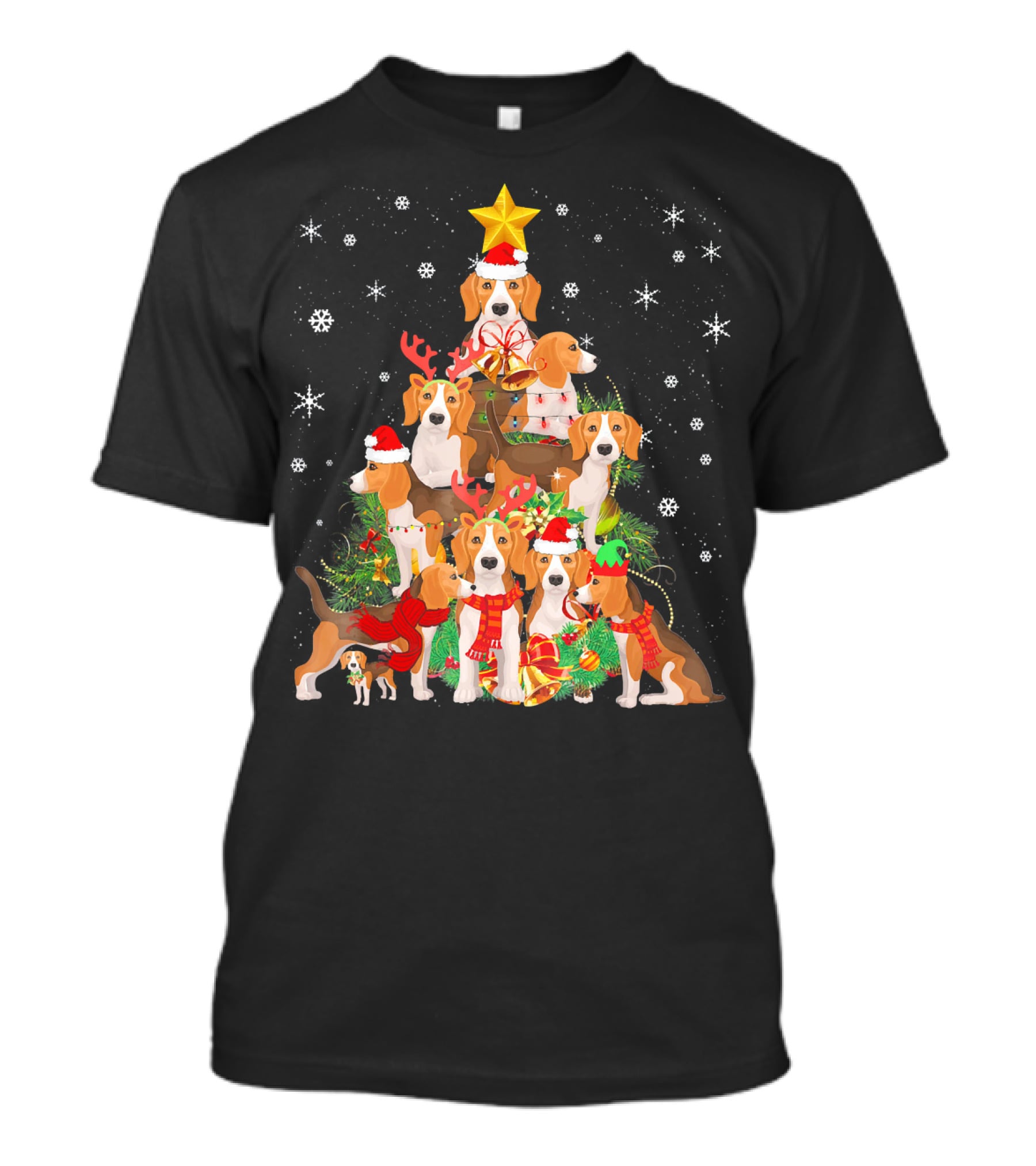 Beagles Christmas Tree With Festive Santa Hats And Reindeer Antlers T-Shirt
