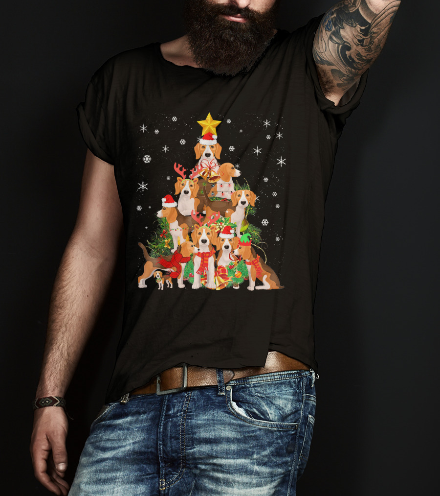 Beagles Christmas Tree With Festive Santa Hats And Reindeer Antlers T-Shirt