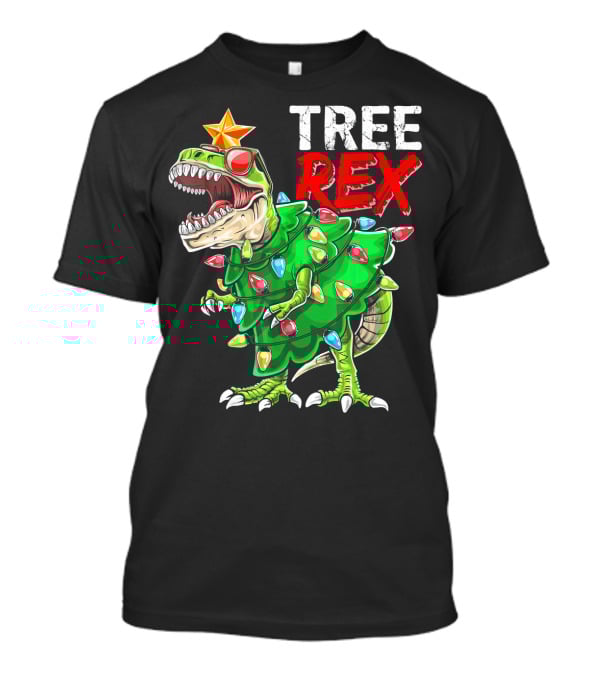 Tree Rex Dinosaur Christmas Tree With Festive Lights And Star T-Shirt