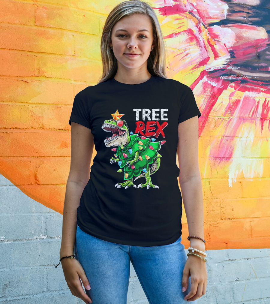 Tree Rex Dinosaur Christmas Tree With Festive Lights And Star T-Shirt