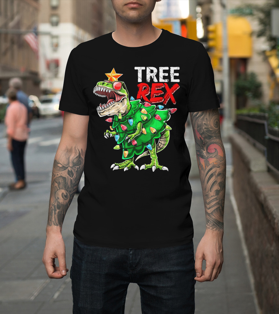 Tree Rex Dinosaur Christmas Tree With Festive Lights and Star T-Shirt