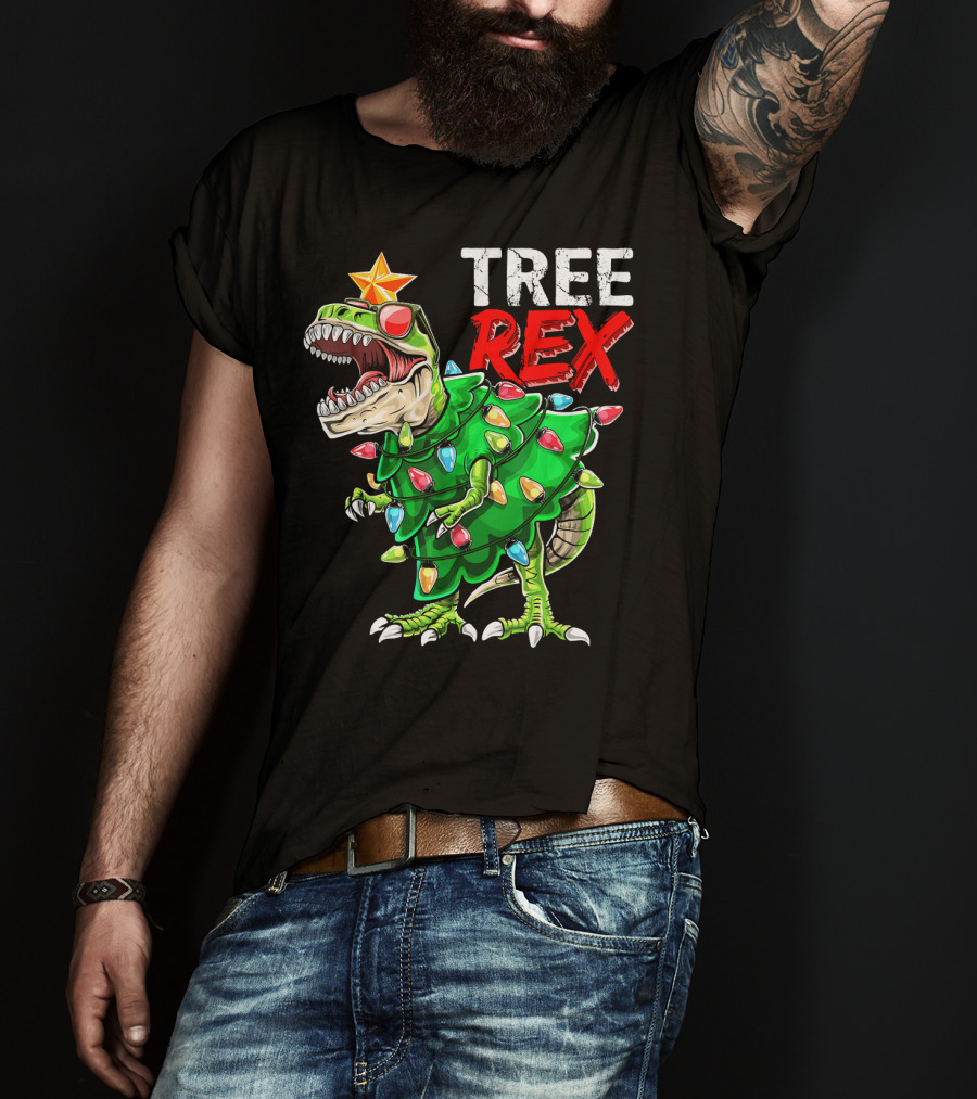 Tree Rex Dinosaur Christmas Tree With Festive Lights And Star T-Shirt