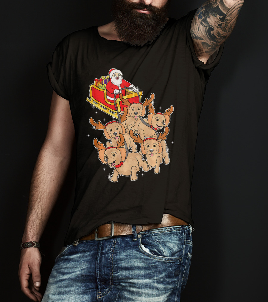 Santa Riding Sleigh With Adorable Goldendoodles As Reindeer T-Shirt