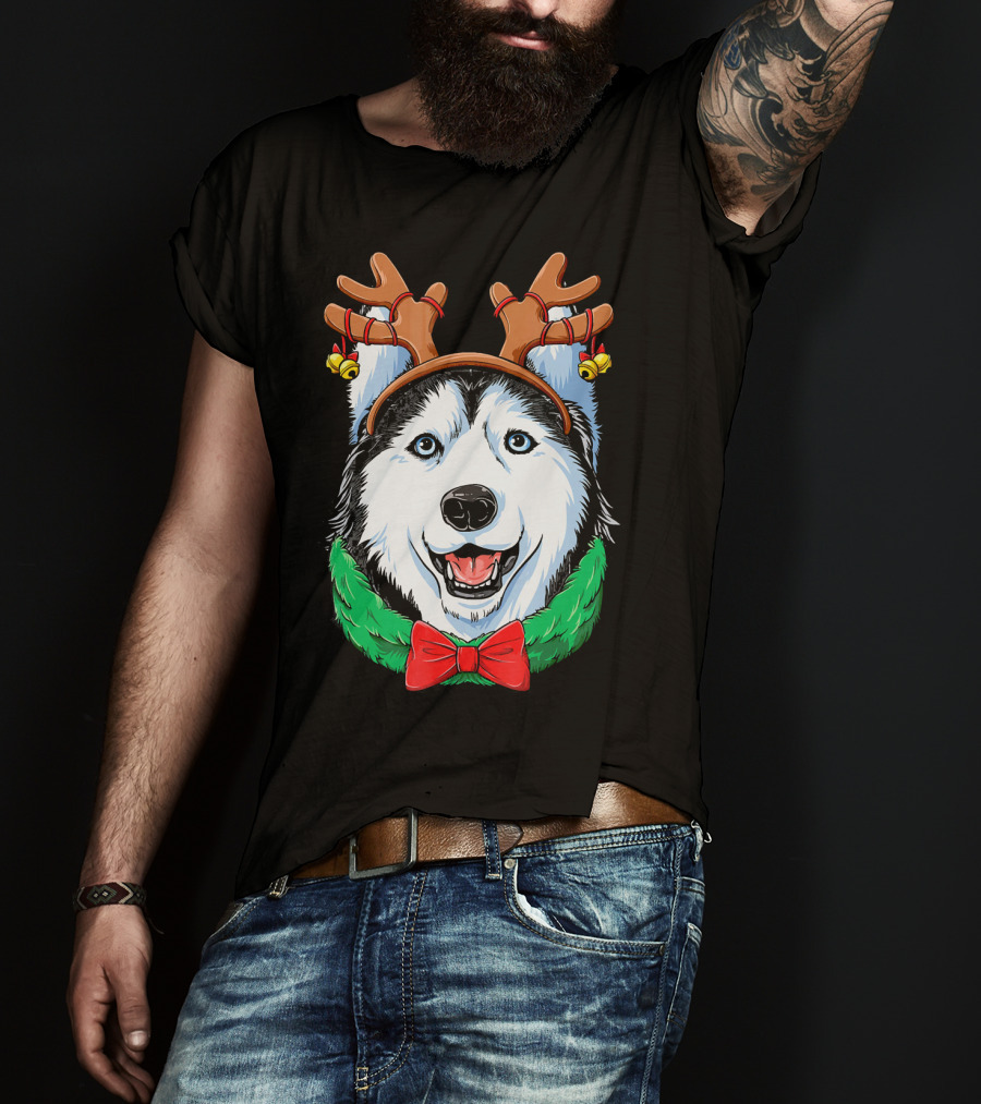 Siberian Husky With Reindeer Antlers Christmas Wreath Bow And Bells T-Shirt