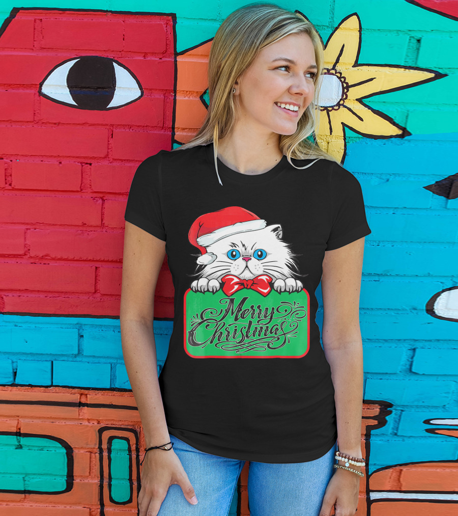 Merry Christmas Cute Cat With Santa Hat And Bow Tie T-Shirt