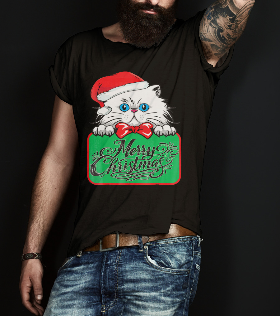 Merry Christmas Cute Cat With Santa Hat And Bow Tie T-Shirt