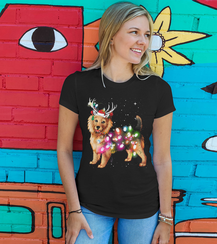 Australian Terrier With Christmas Lights And Reindeer Antlers T-Shirt