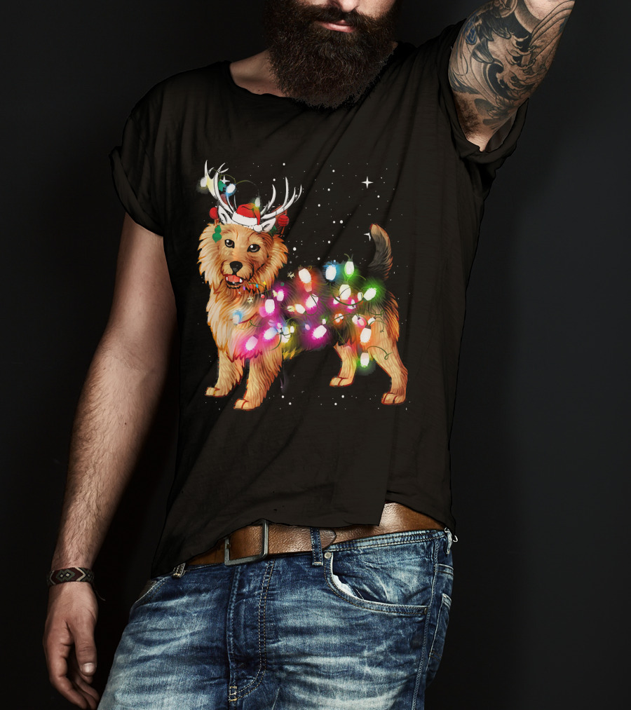 Australian Terrier With Christmas Lights And Reindeer Antlers T-Shirt