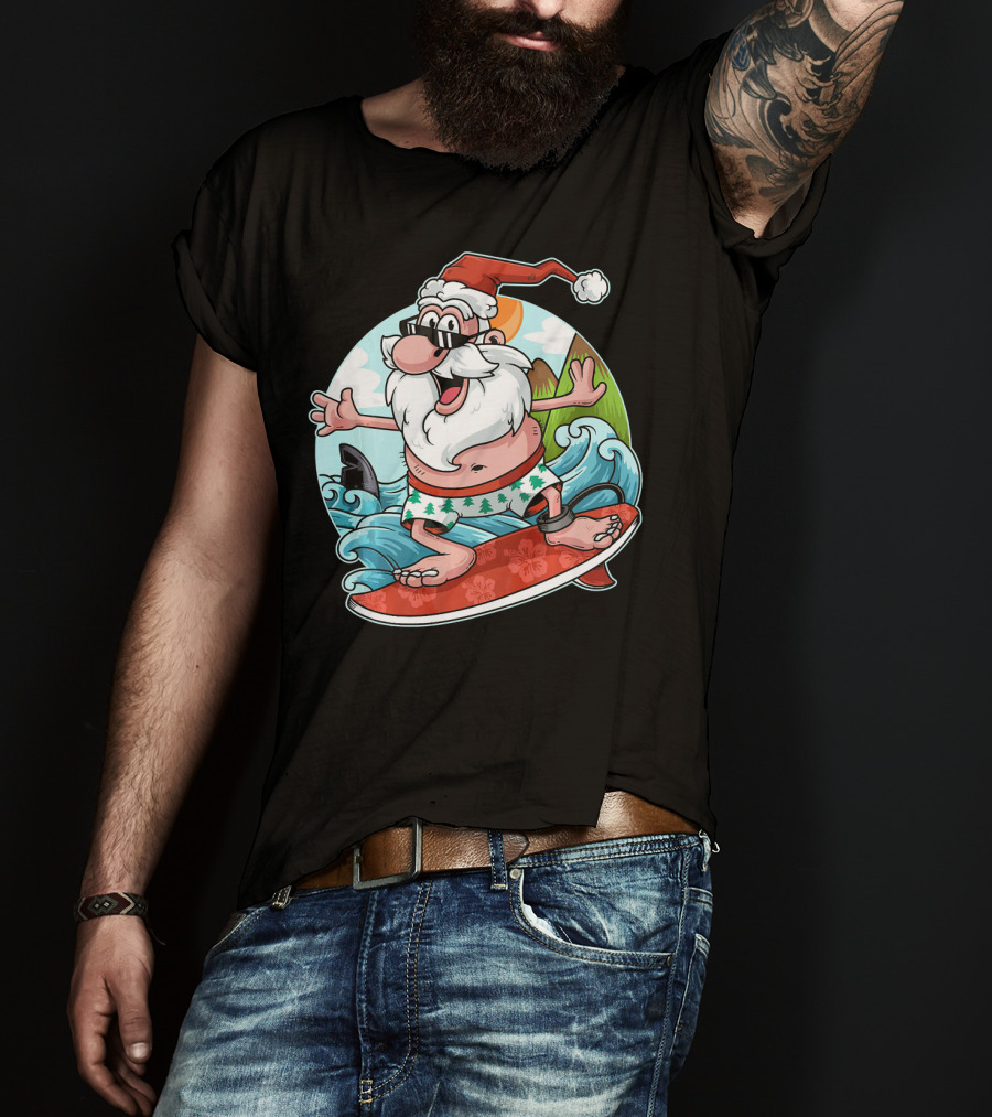 Surfing Santa Riding Waves Christmas In July Tropical Fun T-Shirt