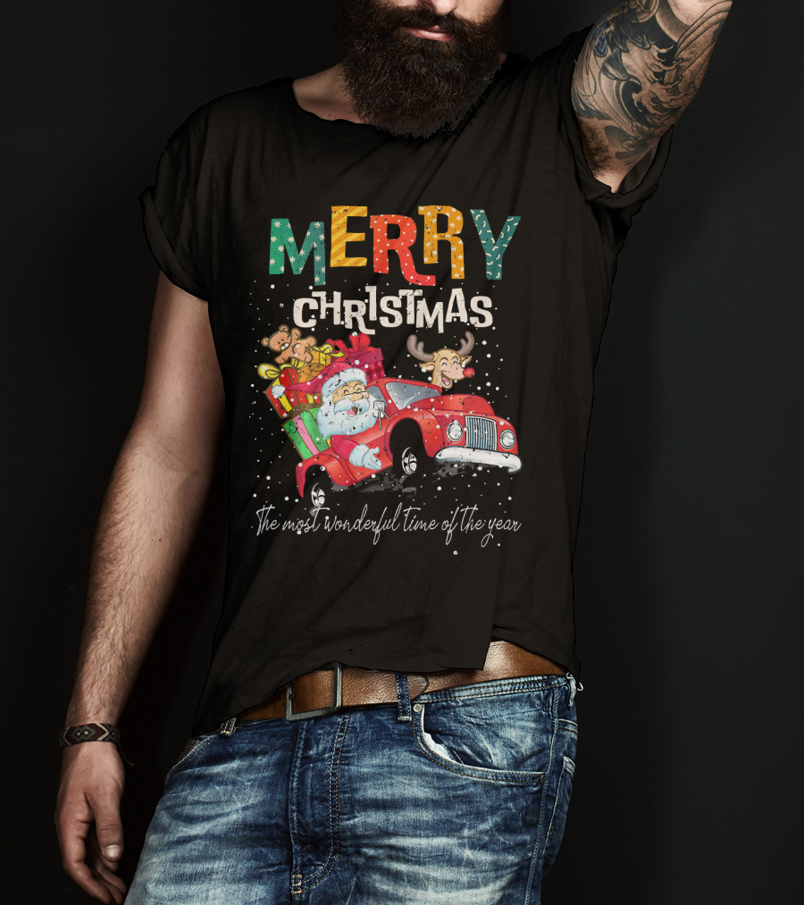 Merry Christmas Reindeer Santa Drive Red The Most Wonderful Time Of The Year T-Shirt