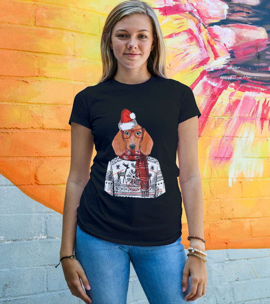 Dachshund Dog Santa Hat Funny Merry Christmas T-Shirt