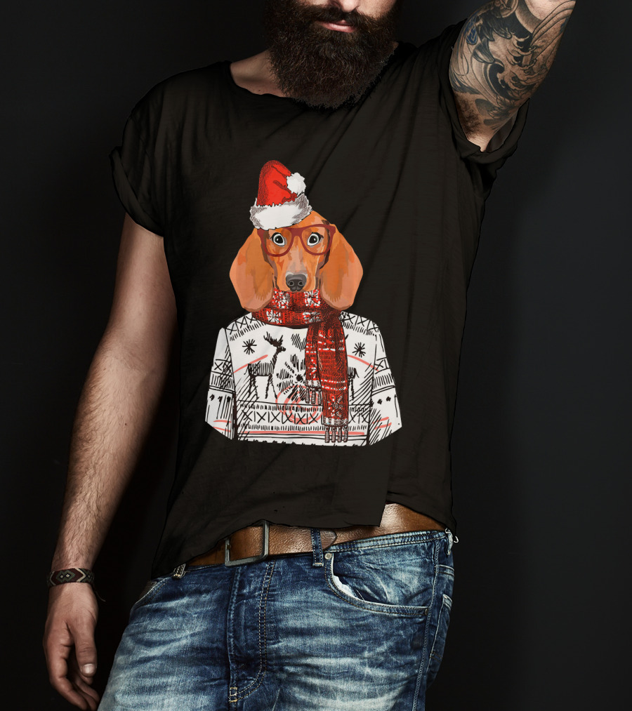 Dachshund Dog Santa Hat Funny Merry Christmas T-Shirt