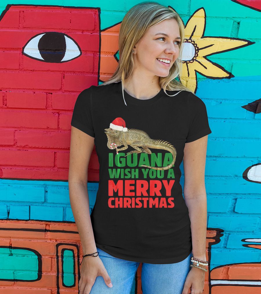 Iguana Wish You A Merry Christmas Santa Hat Candy Cane T-Shirt