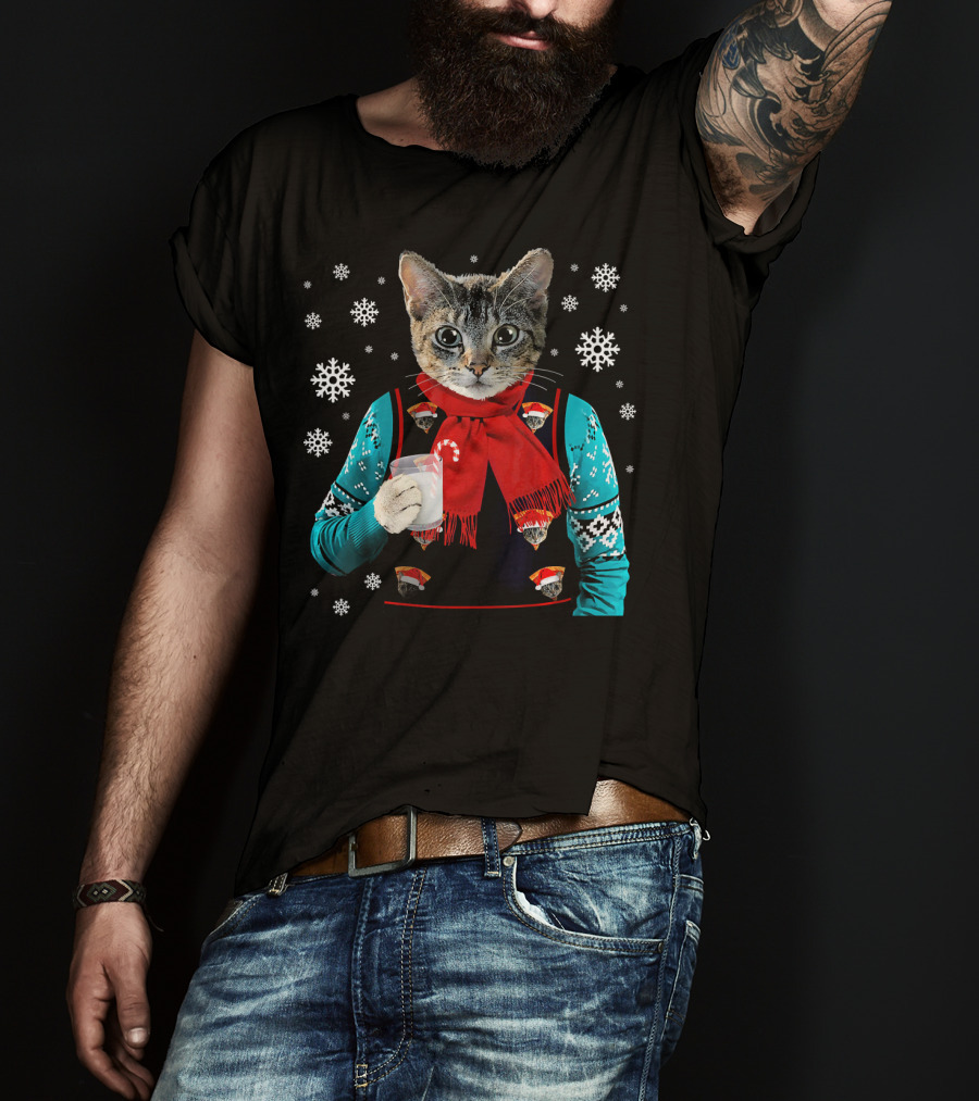 Hipster Cat Wearing Festive Sweater With Red Scarf And Holding Milk T-Shirt