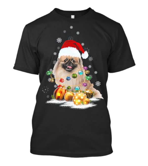 Pekingese Christmas Dog Lights With Santa Hat And Snowflakes T-Shirt