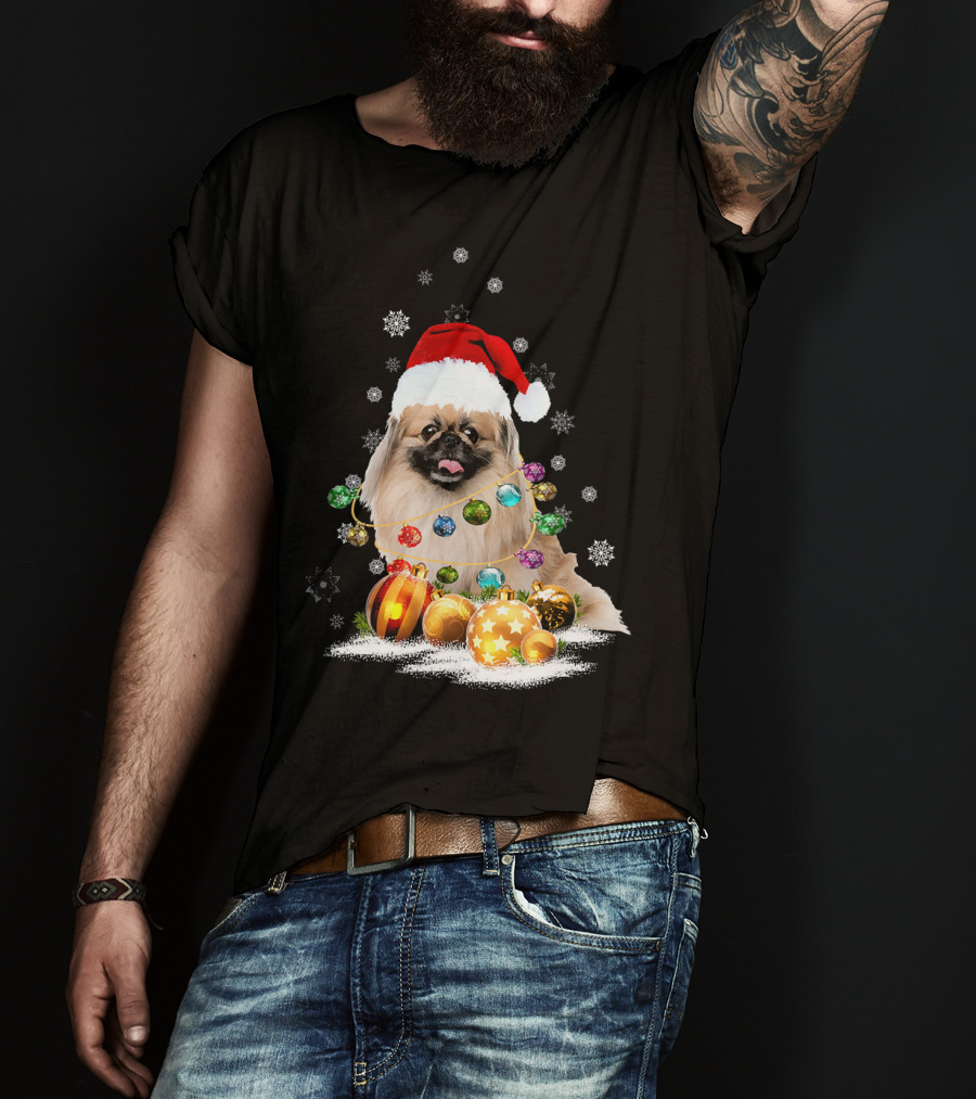 Pekingese Christmas Dog Lights With Santa Hat And Snowflakes T-Shirt