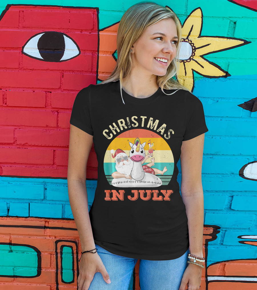 Christmas In July Vintage Santa With Inflatable Unicorn And Drink T-Shirt