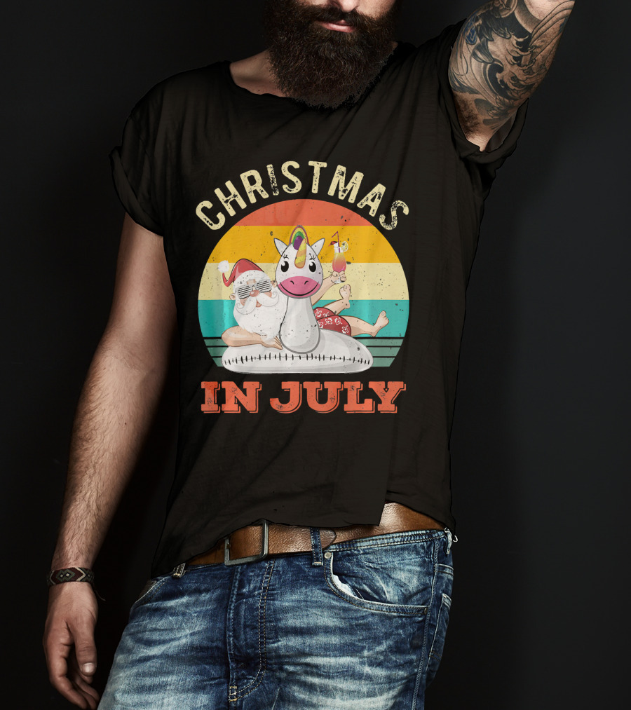 Christmas In July Vintage Santa With Inflatable Unicorn And Drink T-Shirt