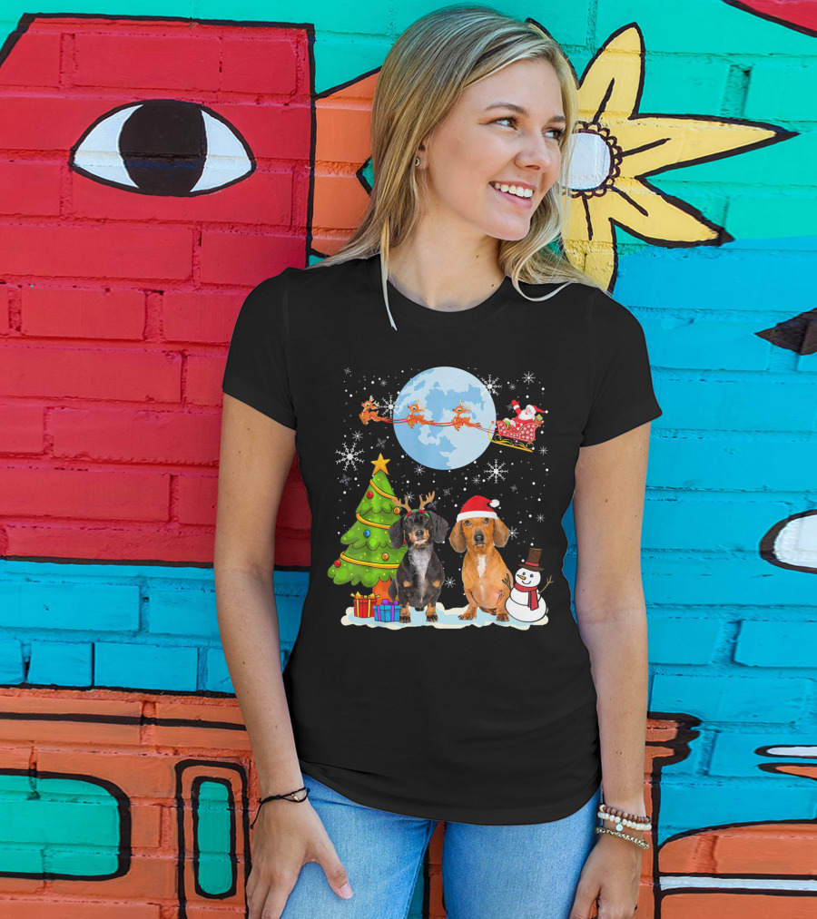 Funny Dachshund Christmas Santa Moon Reindeers Tree Snowman T-Shirt
