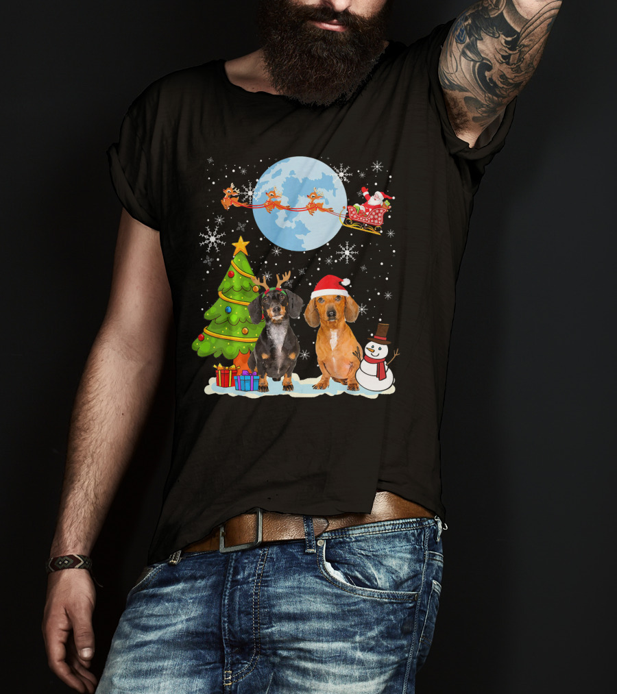 Funny Dachshund Christmas Santa Moon Reindeers Tree Snowman T-Shirt