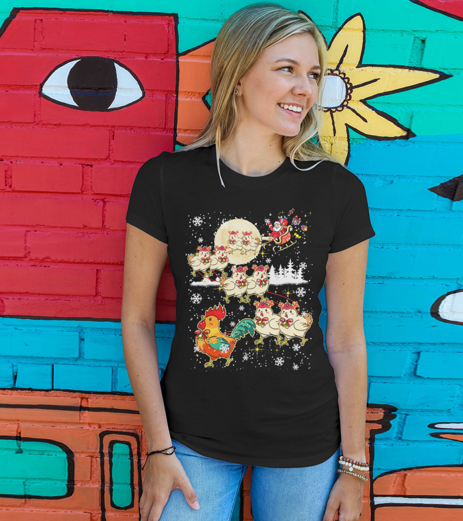 Chicken Reindeer Christmas Santa Sleigh With Snowflakes And Nice Chicken T-Shirt