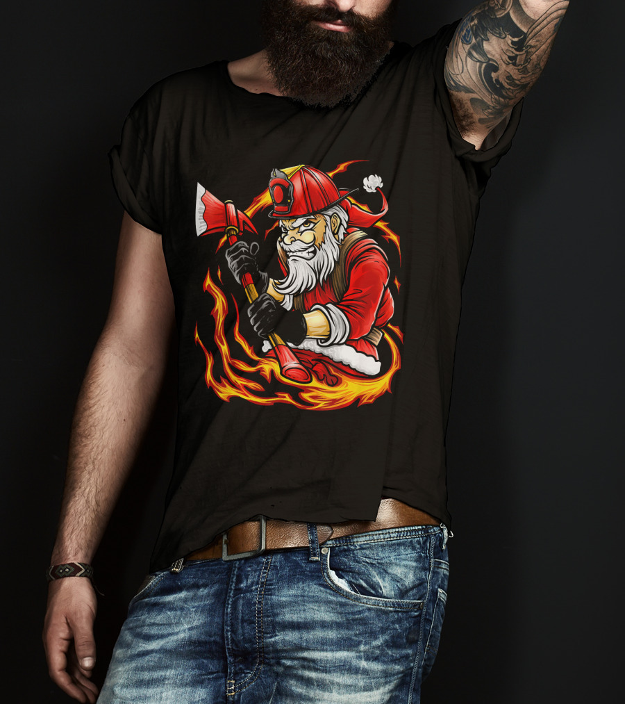 Firefighter Santa With Axe Surrounded By Flames T-Shirt
