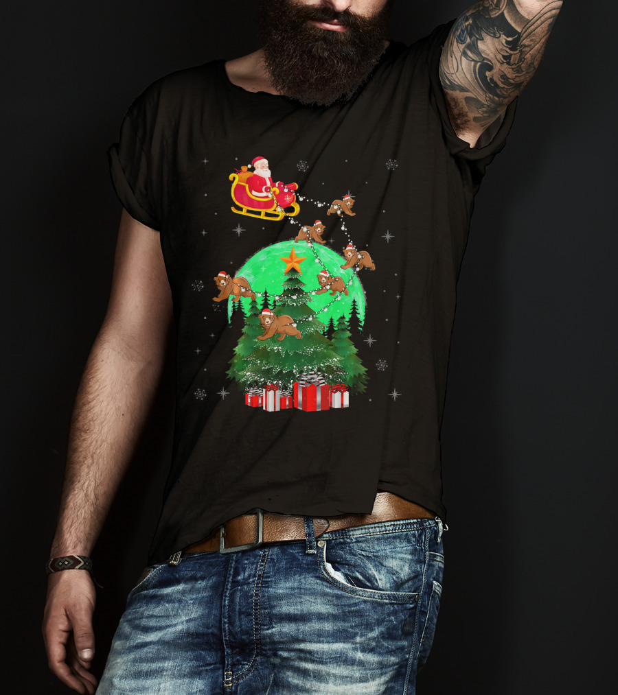 Santa Claus With Bears And Sleigh Over Christmas Tree And Presents T-Shirt
