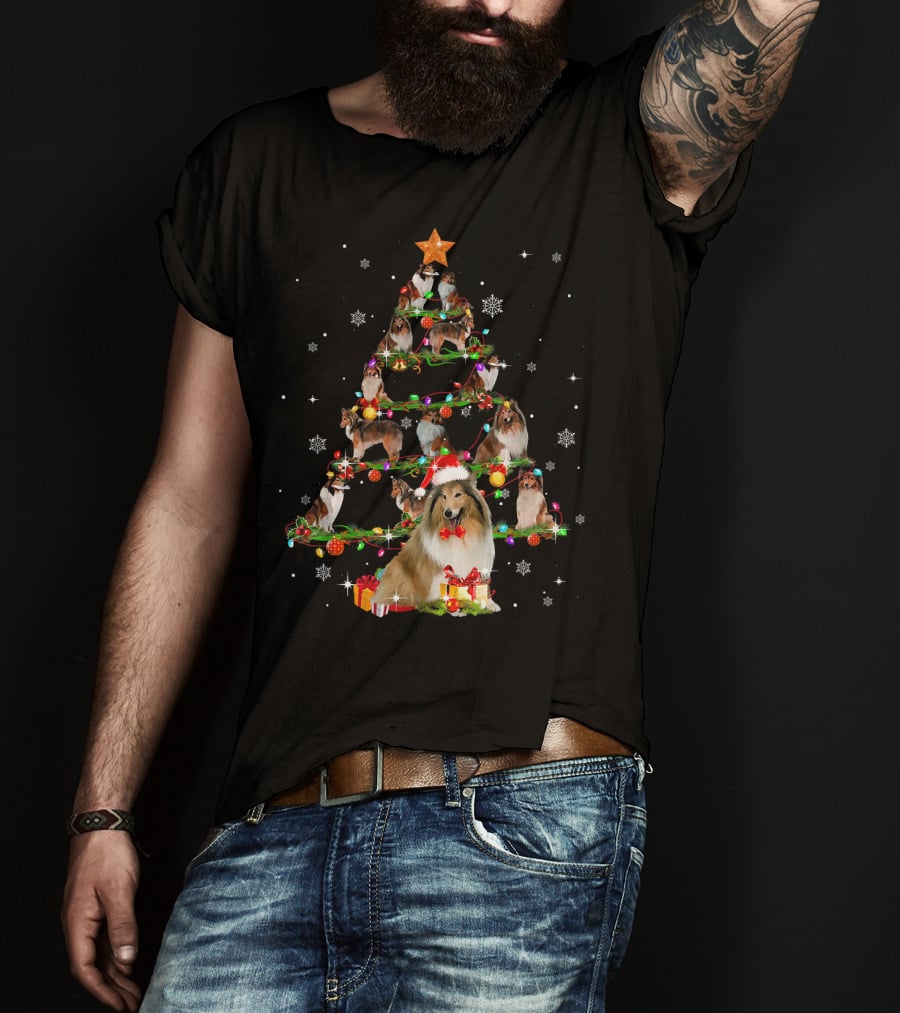 Rough Collie Christmas Tree With Santa Hat And Gifts T-Shirt