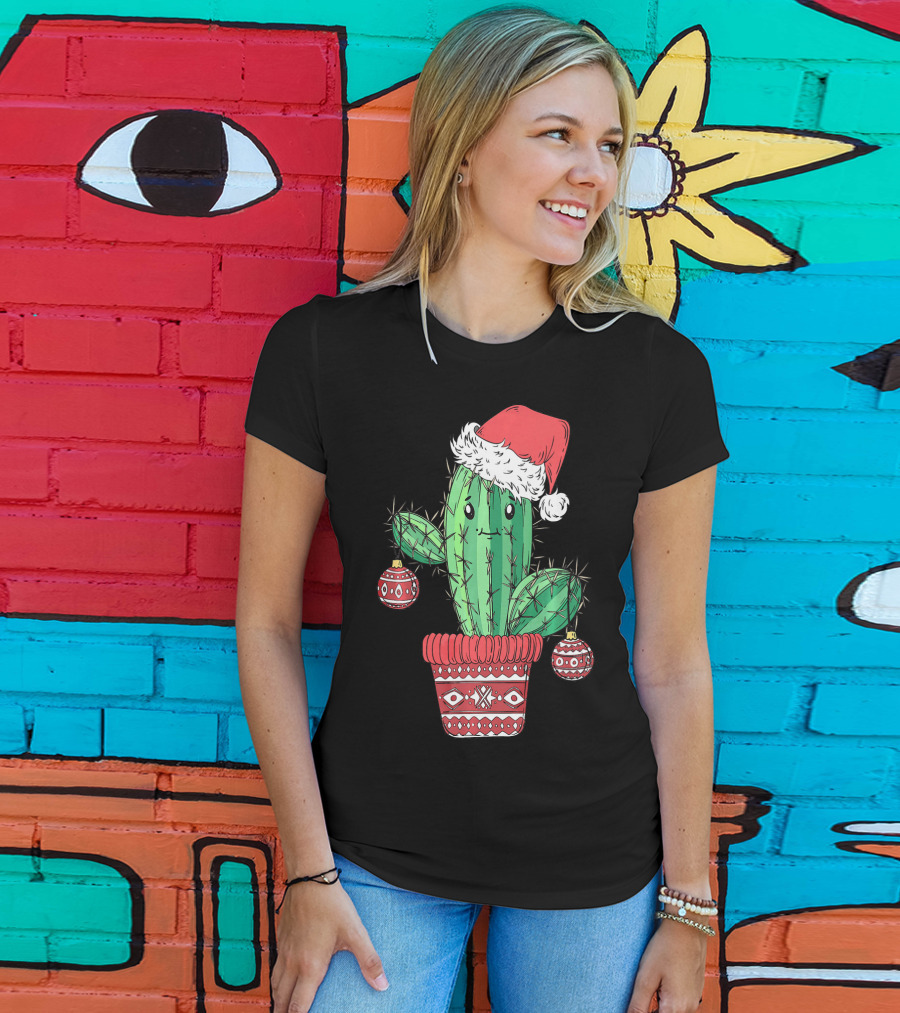 Cactus Christmas Tree Santa Hat Festive Ornaments T-Shirt