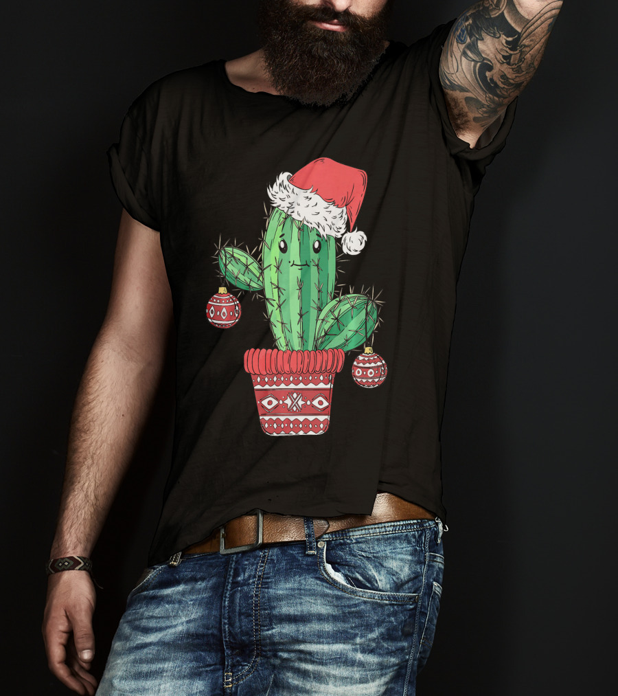 Cactus Christmas Tree Santa Hat Festive Ornaments T-Shirt